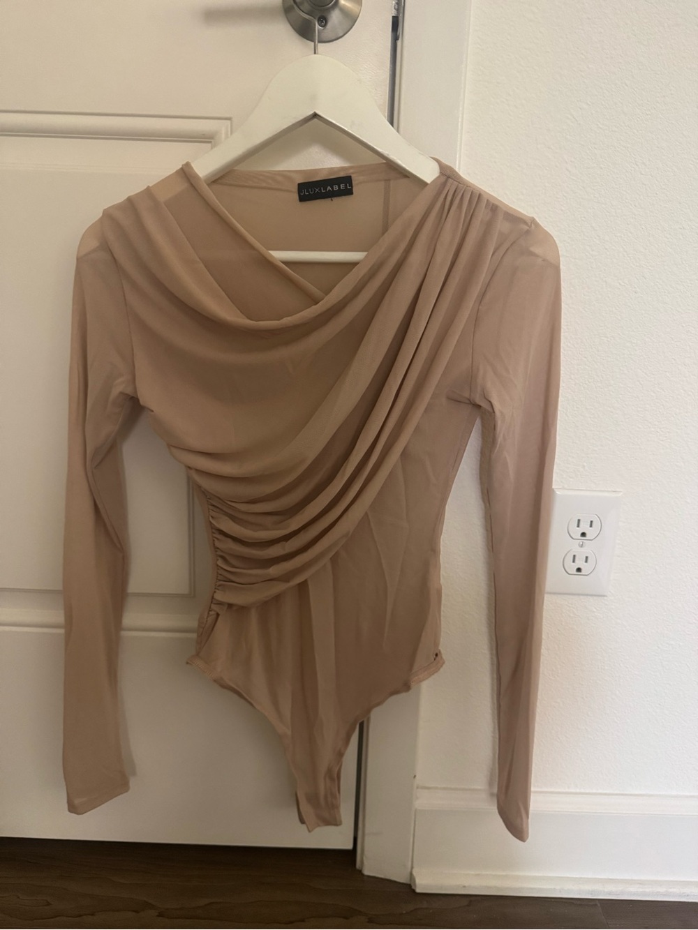 JLUXLABEL Beige Draped Mesh Long-Sleeve Bodysuit
